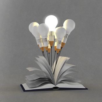 drawing idea pencil and light bulb concept outside the book as creative as vintage style concept