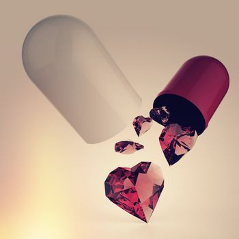 Multiple 3d diamond hearts inside Capsule Pill as vintage style concept