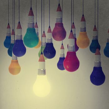 drawing idea pencil and light bulb concept creative and leadership as vintage style concept