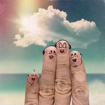 Finger family travels at the beach and singing a song as vintage style concept.