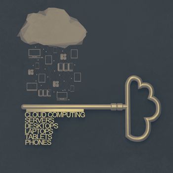 Cloud computing diagram with metallic cloud and the key as vintage style concept