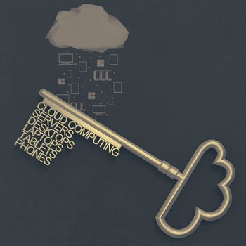 Cloud computing diagram with metallic cloud and the key as vintage style concept