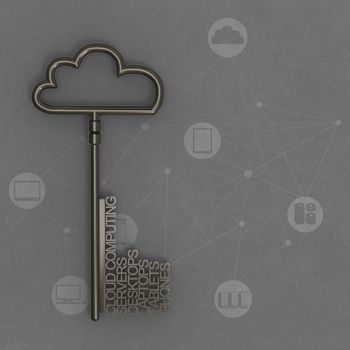 Cloud computing diagram with metallic cloud and the key as vintage style concept