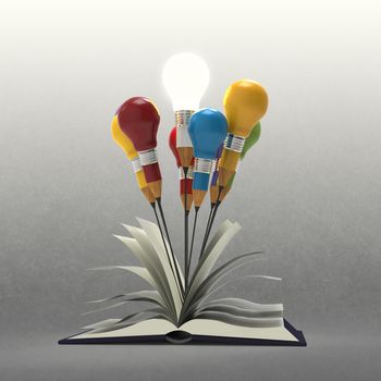 drawing idea pencil and light bulb concept outside the book as creative concept