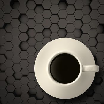 3d cup of coffee on matt hexagon steel  background