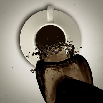coffee spilling out of a cup 3d as vintage style concept
