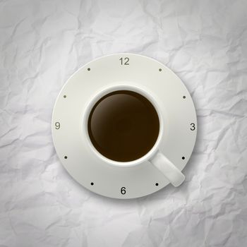 cup of fresh coffee with clock sign as concept