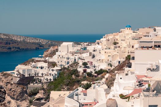 Classical view on the decoration and architecture of Oia village Santorini at sun weather