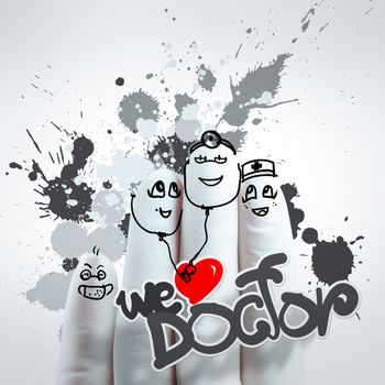 A lovely family hand drawn and finger,doctor and nurse,we love doctor concept on splash colors  background