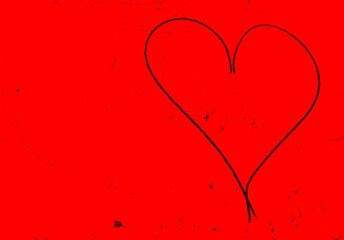 Concept or conceptual painted black abstract heart shape love symbol, dirty red background, metaphor to urban and romantic valentine, grungy style.