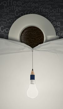 pencil lightbulb draw rope open wrinkled paper show 3d coffee cup and text in side as concept