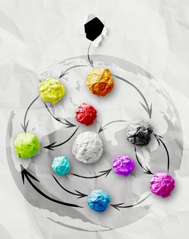 colors crumpled paper as social network structure on wrinkled paper creative concept 