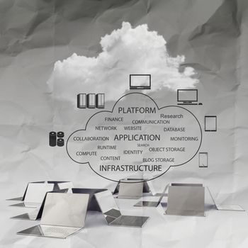 Cloud computing 3d structureon crumpled paper background  as concept