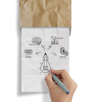 hand draws light bulb crumpled paperfrom recycle envelope as creative concept