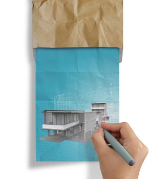 new modern architectural 3d on crumpled paper and recycle envelope background as concept
