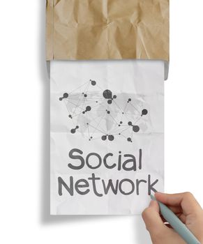 hand draws social network structure with crumpled from recycle envelope as concept