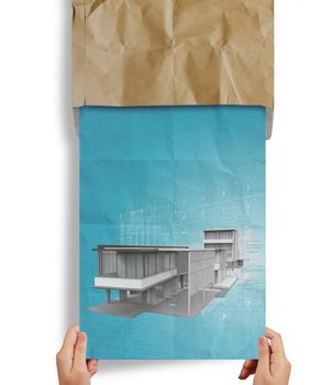 new modern architectural 3d on crumpled paper and recycle envelope background as concept