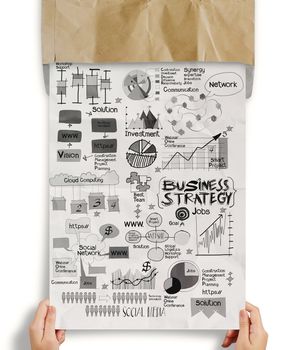 hand paper with business strategy on crumpled paper background envelope as concept