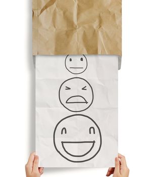 hand pull crumpled paper with customer service evaluation icon as concept