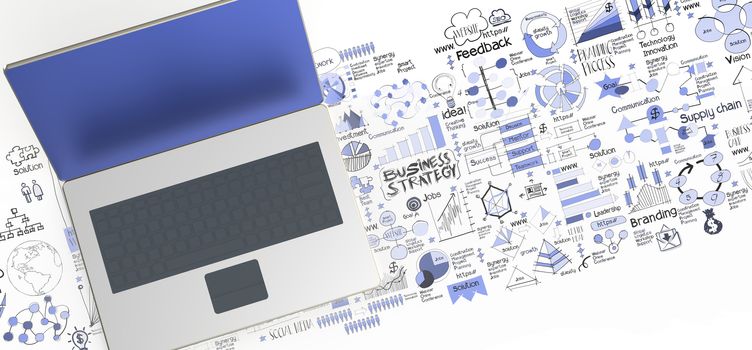 3d laptop computer and hand drawn business diagram as concept