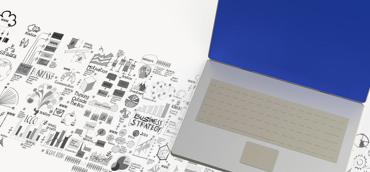 3d laptop computer and hand drawn business diagram as concept