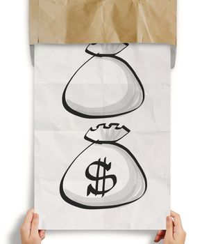 hand pull crumpled paper show dollar sign bag out of recycle envelope as concept