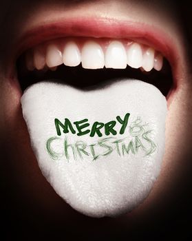 woman with open mouth spreading tongue colored in merry christmas icon as concept