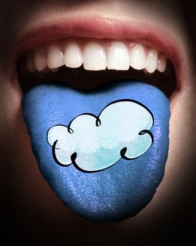 woman with open mouth spreading tongue colored in cloud networking sign as concept