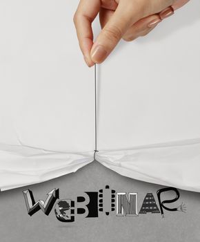 business hand pull rope open wrinkled paper show WEBINAR design text as concept