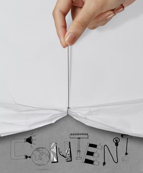business hand pull rope open wrinkled paper show CONTENT design text as concept