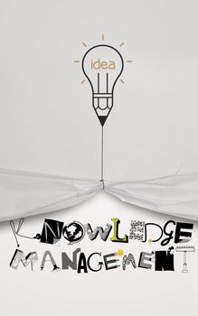 pencil lightbulb idea draw rope open wrinkled paper show graphic design word KNOWLEDGE MANEGEMENT as concept