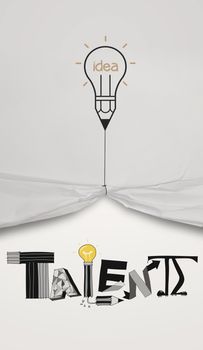 pencil lightbulb draw rope open wrinkled paper show graphic design word TALENT as concept