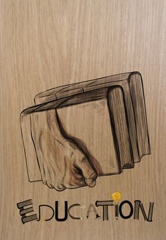 hand drawn of hands holding the books on wood background as creative concept 