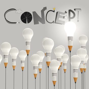 pencil lightbulb 3d and design word CONCEPT as concept