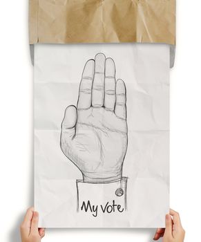 businessman show crumpled paper of  Hand raised with MY VOTE text as concept