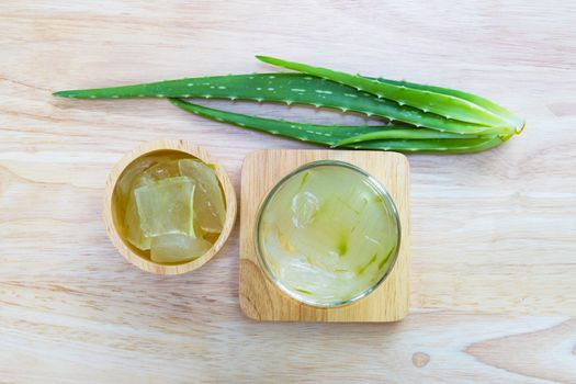 top view image Aloe Vera for drinking on wood table top view