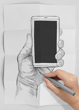 Hand drawn hands with mobile phone on crumpled paper as concept