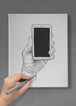 Hand drawn hands with mobile phone on canvas board as concept