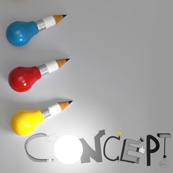 pencil lightbulb 3d and design word CONCEPT as concept