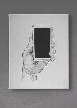 Hand drawn hands with mobile phone on canvas board as concept