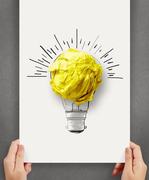 hand drawn light bulb with crumpled paper ball on paper poster as creative concept