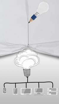 pencil lightbulb 3D draw rope open wrinkled paper show graphic cloud network diagram as concept