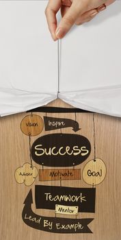open crumpled paper showing hand drawn SUCCESS business diagram on wood  background as concept 