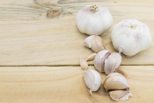 Raw garlic on wood table background copy space