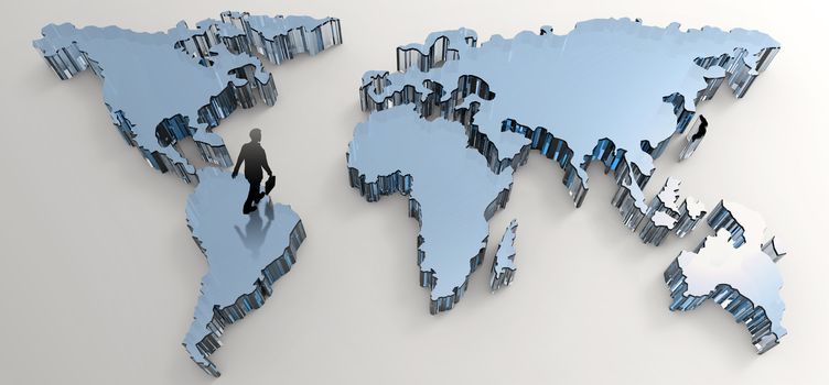 businessman walking to social network human 3d on world map as concept 