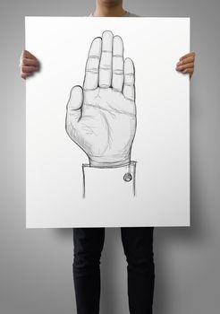 businessman show poster with drawing of Hand raised  as concept 