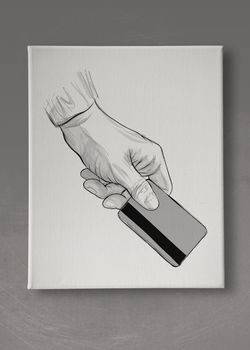 hand drawing hand holding up credit card on canvas board as concept 