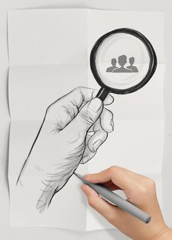 drawing of hand holding magnifier glass looking for employee on crumpled paper background as concept