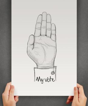 businessman show poster of  Hand raised with MY VOTE text as concept