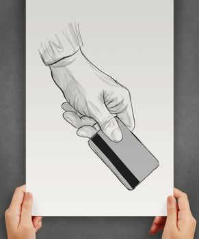 hand drawn hand holding up credit card on crumpled paper background concept 